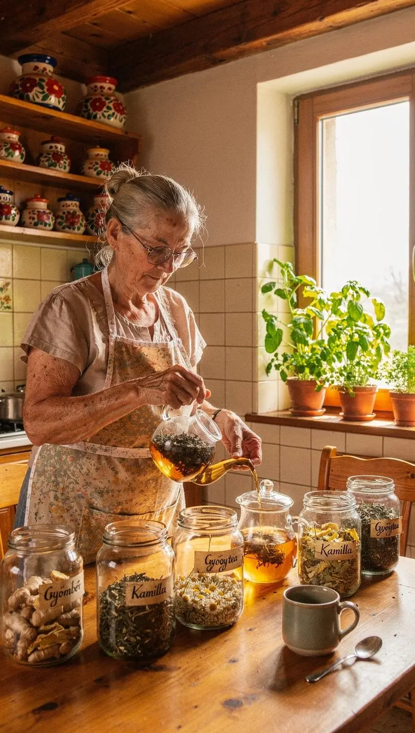 Közelkép egy csésze gyógyteáról, mellette különféle gyógynövények és teaösszetevők, amelyek támogatják a mindennapi ízületi kényelmet.